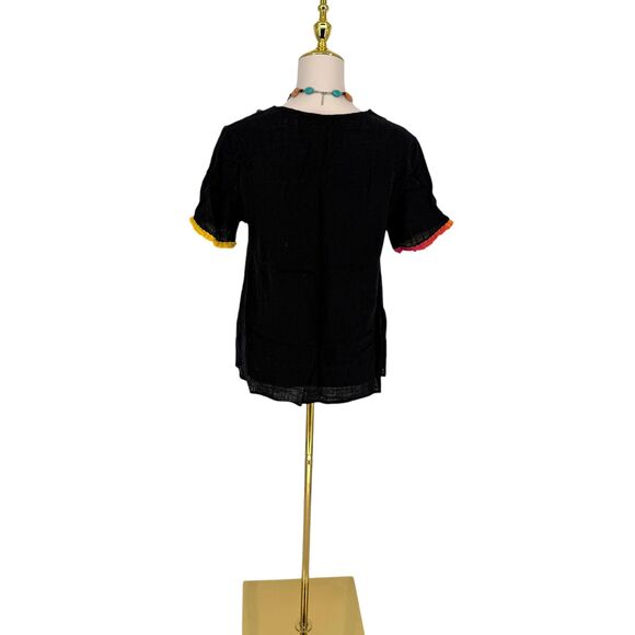 Entro Short Sleeve Top MEDIUM Fringe Trim Black Cotton V-Neck Boho Aztec Rainbow - Picture 11 of 14